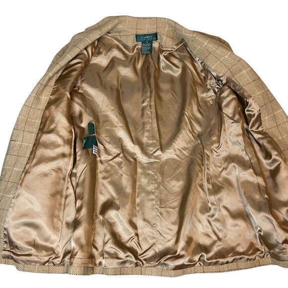 Lauren Ralph Lauren Women's Tan Wool Windowpane Check Blazer Size 12 Made in USA - Picture 9 of 10